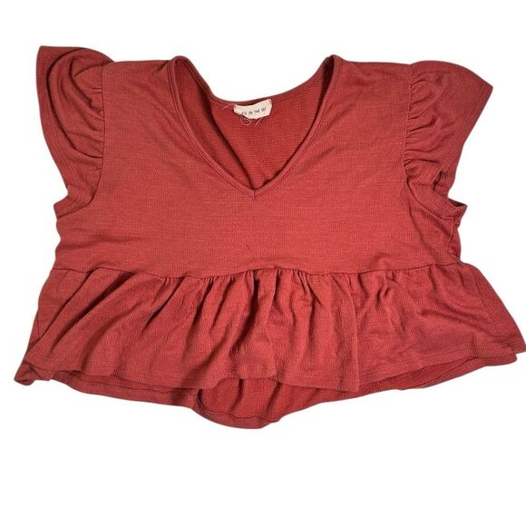 EUC Pie in the Sky Women’s Burnt Orange Peplum Crop Top Ruffle Cap Sleeve Size L - Picture 2 of 6